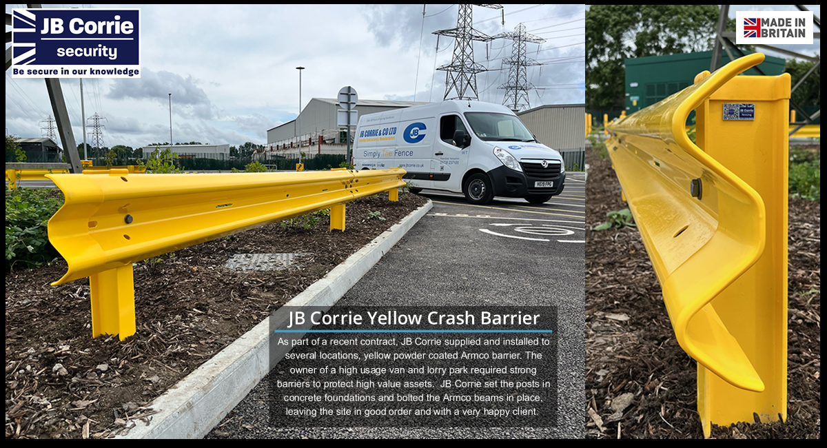 As part of a recent contract, JB Corrie supplied and installed to several locations, yellow powder coated Armco barrier. The owner of a high usage van and lorry park required strong barriers to protect high value assets.  JB Corrie set the posts in concrete foundations and bolted the Armco beams in place, leaving the site in good order and with a very happy client.